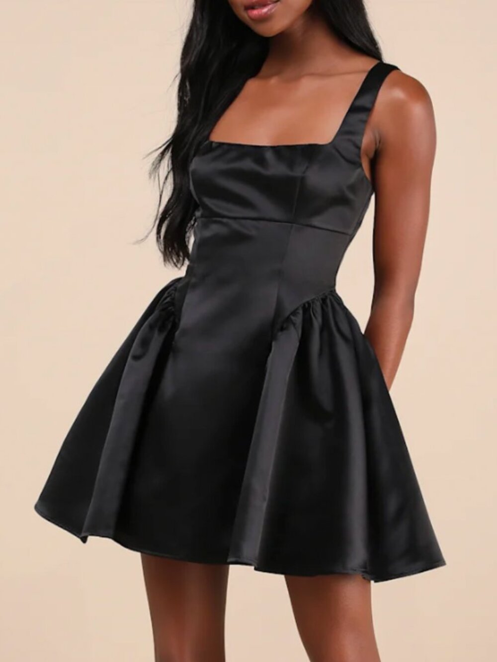 NWT Lulus Classic Adorable Promise Black Satin Sleeveless Flared Mini Dress